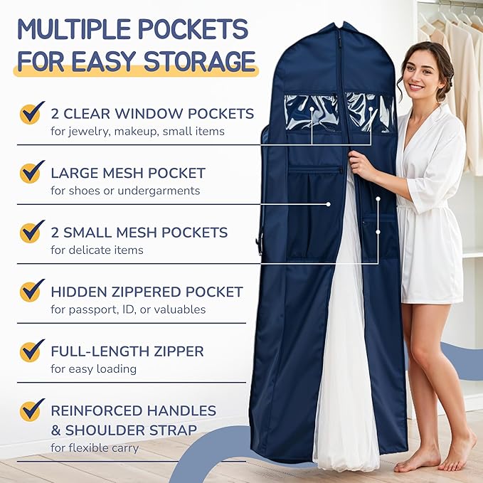 Sturdy Oxford polyester fabric - 72" Wedding Dress Garment Bag - Shoulder Strap - Accessory Pockets - Attaches to Suitcase – Waterproof – Trifold – Designed for Full Skirts – Carry Handle (Red)