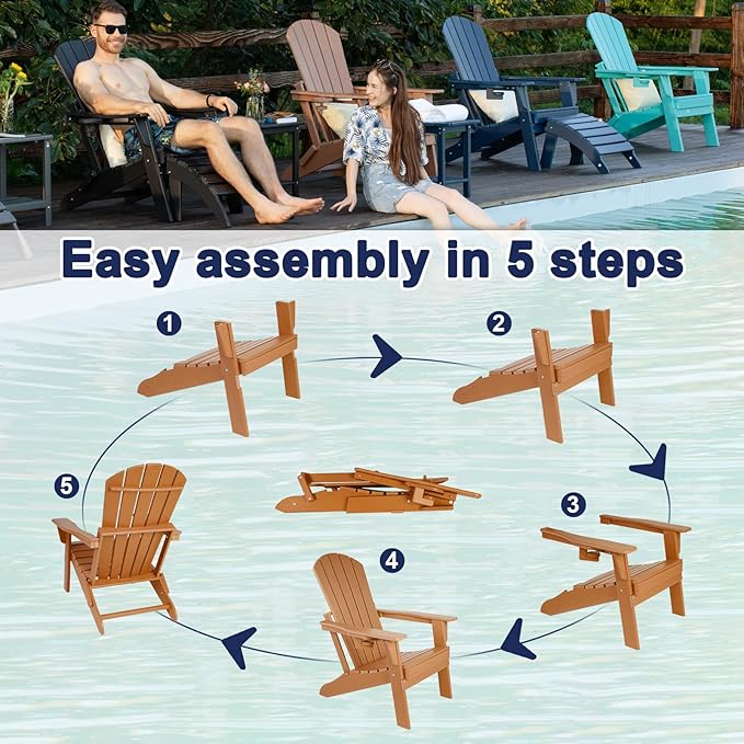 Folding Adirondack Chair - Extended Ergonomic Backrest, Cup Holder - Easy Assembly - Durable HDPE Plastic, Weather Resistant & Maintenance-Free - Lawn, Patio, Deck Supports 380lbs Teak