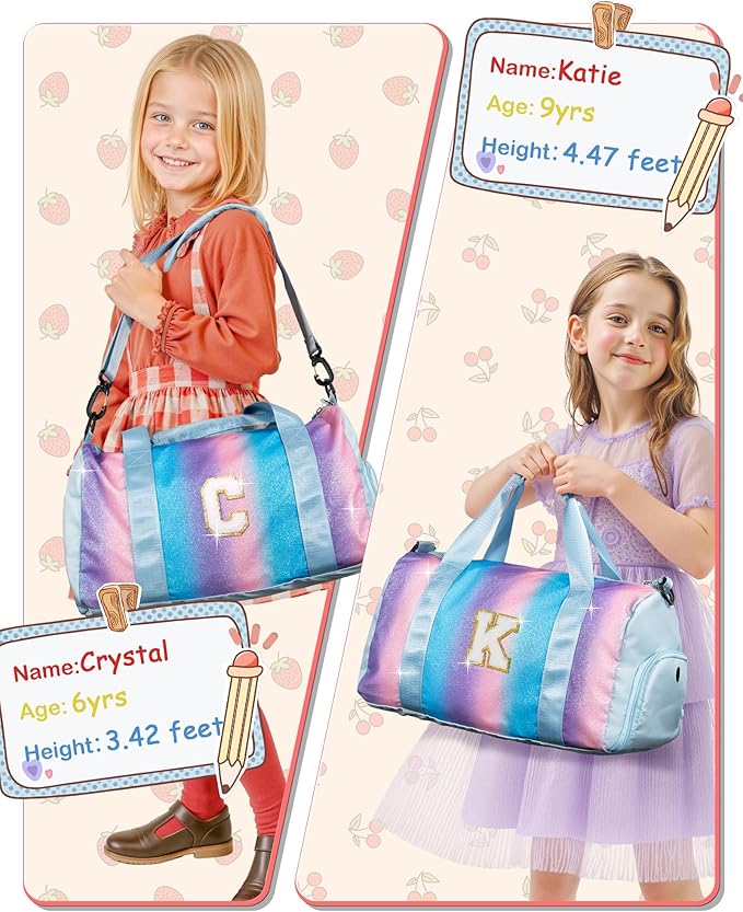 Birthday Gifts for 3 4 5 6 7 8 9 10 11 12 Year Old Girls-Girl Gym Bag with Shoe Compartment, Kid Personalized Weekender Overnight Bags, Initial Travel Tote with Makeup Pouch (Letter B)