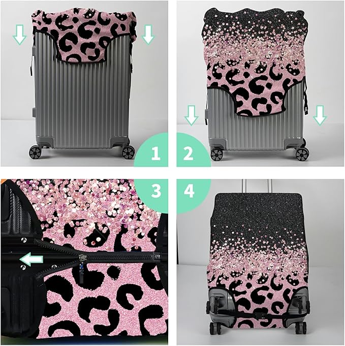 Luggage Cover + Tag, Pink Leopards Travel Suitcase Cover for 22-24 inch Luggage (M) with Concealed Zipper, Washable Elastic Cloth, Dustproof, Anti-Scratch