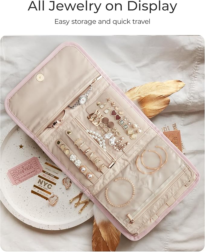 BAGSMART Travel Jewelry Organizer Case, Foldable Jewelry Roll for Necklaces, Earrings, Journey-Rings, Bracelets, Brooches, Portable, Beige