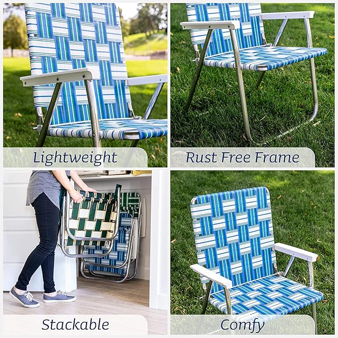 Lawn Chair USA - Outdoor Chairs for Camping. Made with Lightweight Aluminum Frames and UV-Resistant Webbing. Folds for Easy Storage 2- Pack (Charleston with Green Arms, Classic)