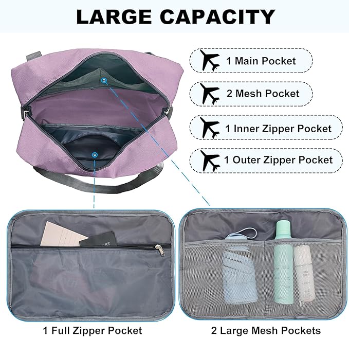 For Spirit Airlines Personal Item Bag 18x14x8 in Underseat Carry-on Luggage foldable Travel Duffle Bag for Airplanes(30L, Purple)