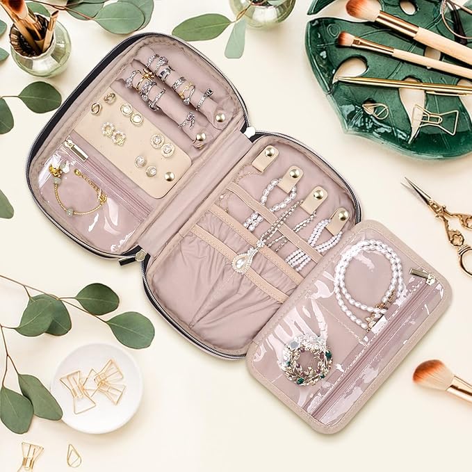 Jewelry Travel Case Organizer for Necklaces, Earrings, Rings, Bracelet, Watch, Soft Sided, Pink