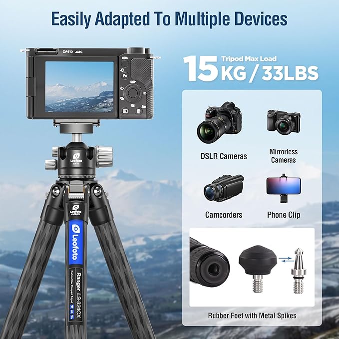 Carbon Fiber Lightweight Travel Tripod, 68" Professional Video Tripod for Mirrorless Camera/DSLR with Carry Bag, Max Load 33.07lb