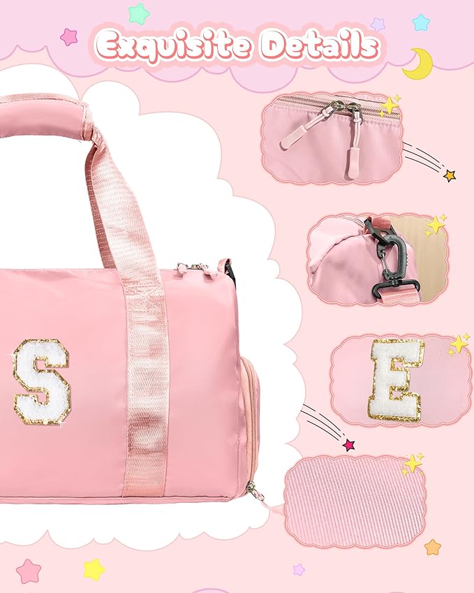 Cute Preppy Gifts for Girls-Girl Gym Bag with Shoe Compartment, Kid Personalized Weekender Overnight Bags, Initial Travel Tote with Makeup Pouch, Chenille Gift for Teen (Letter D)