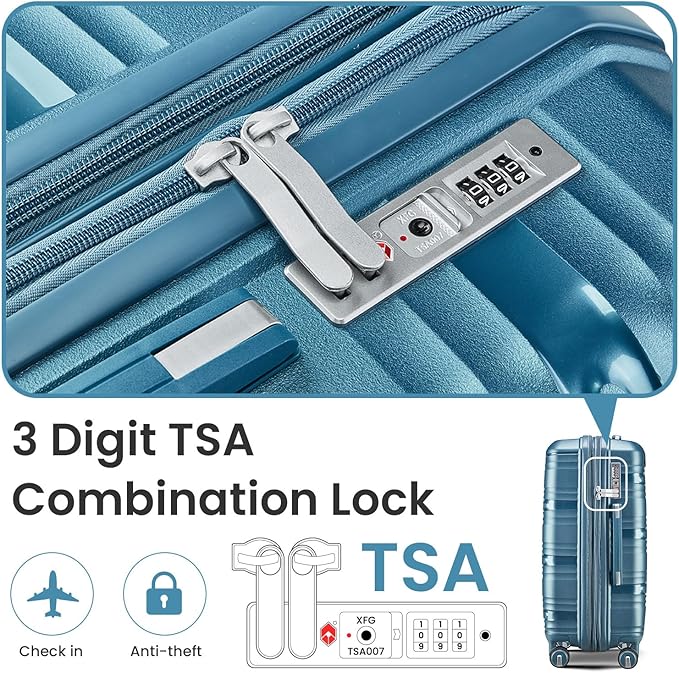 Campfun Luggage 4 Piece Sets, Expandable Carry On Luggage Set Hardshell PP, Suitcase Set with Double Spinner Wheels, Checked Durable Lightweight with TSA Lock, 14in 20in 24in 28in-Peacock Blue(C)