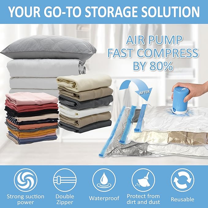 12 Pack Travel Vacuum Storage Bags with Portable Electric Pump, Vacuum Seal Space Saver Bags for Clothing, Vacuum Travel Bags for Luggage