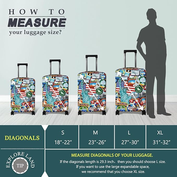 Explore Land Travel Luggage Cover Suitcase Protector Fits 18-22 Inch Case (Statue of Liberty, S)
