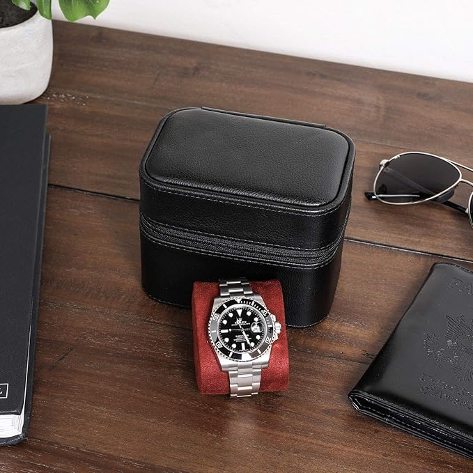 ROTHWELL 2 Watch Travel Case Storage Organizer for 2 Watches | Tough Portable Protection w/Zipper Fits All Wristwatches & Smart Watches Up to 50mm (Black/Red)