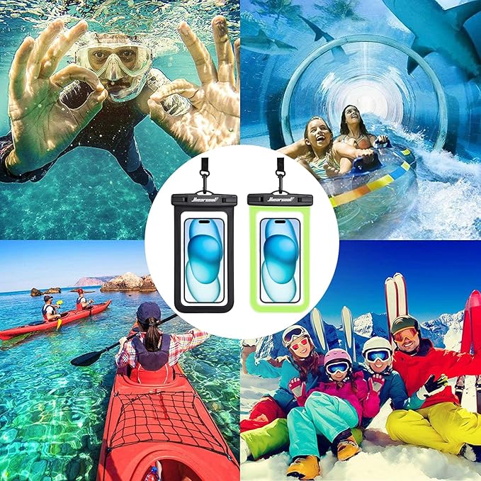 Hiearcool Waterproof Phone Pouch,Waterproof Phone Case for iPhone 16 15 14 13 Pro Max Plus up to 8.3",IPX8 Cellphone Dry Bag for Beach Cruise Travel Black&Olive Green-2Pack