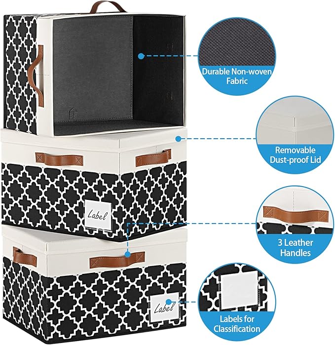 GhvyenntteS 6 Pack Fabric Storage Bins with Lids, Foldable Fabric Storage Boxes with Lids and 3 Handles, Sturdy Closet Organizers and Storage Bins with Label Window for Home (White&Lattice Black)