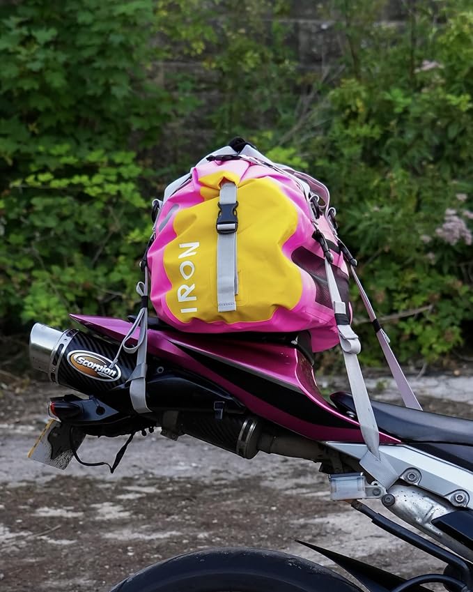 IRON JIA'S Motorcycle Dry Bag - Waterproof Duffle & Luggage Tail Bag Saddle Bags with Roll Top Closure, Shoulder Straps, Inner Pocket and Mesh Pocket (Pink, 50L)