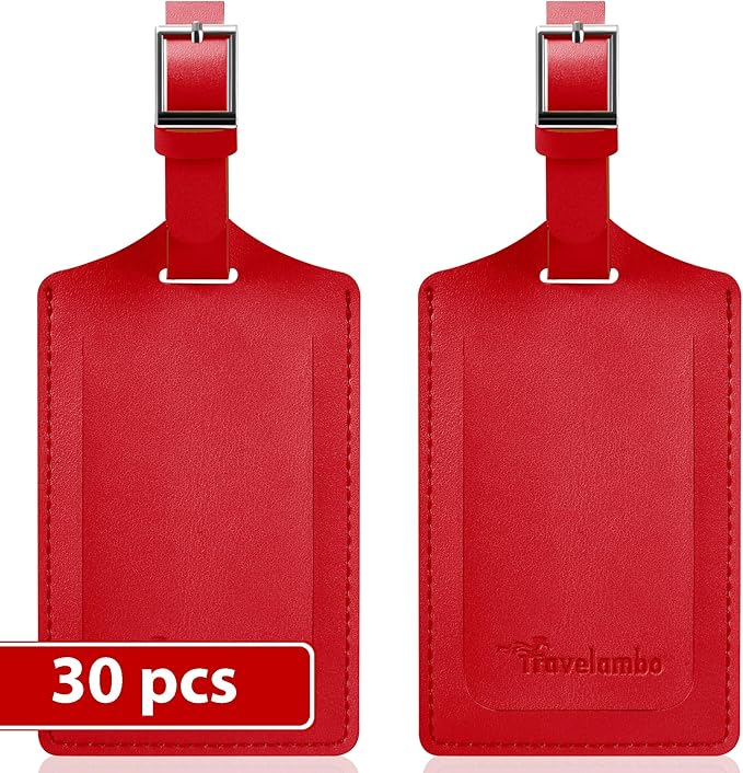 Travelambo Luggage Tags for Suitcases Faux Leather Privacy Protection 30 Pack Bag Tags Travel Accessories Essential, Deep Red