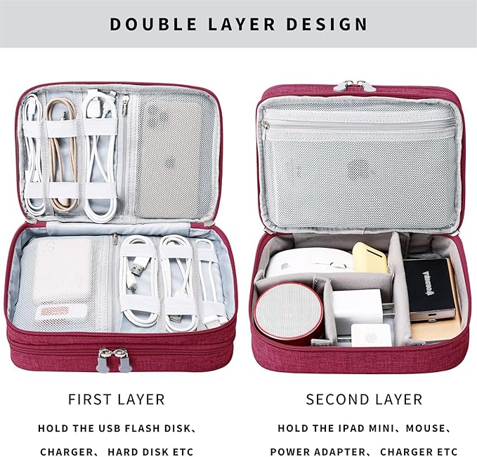 mygreen Travel Cable Organizer Bag, Two-Layer Electronics Accessories Organizer Bag for Cables, Chargers, Power Bank, Mouse,iPad, Phone, Kindle, SD Card, Wires, Cords, and Accessories Red