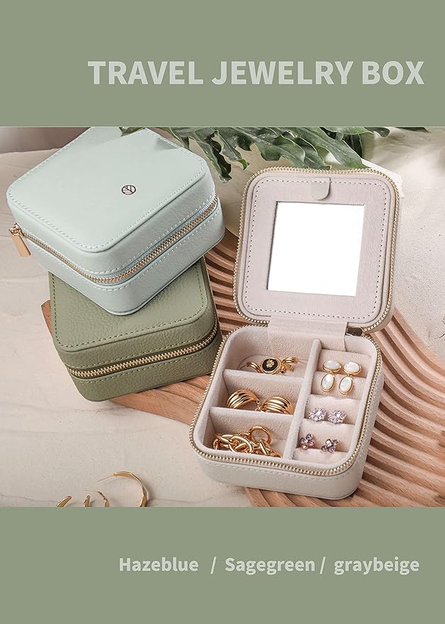 S.Leaf Travel Jewelry Organizer Travel Jewelry Boxes for Women Small Jewelry Travel Case Box Portable Travel Jewelry Case Travel Case Mini Jewelry (02_Lychee_Haze_Blue)