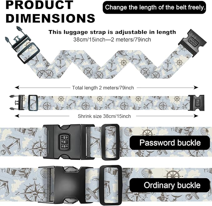 2 Pack Luggage Straps, Adjustable Cute Printing with Combination Lock Luggage Straps for Women Men Travel School Business Trips-Sailing