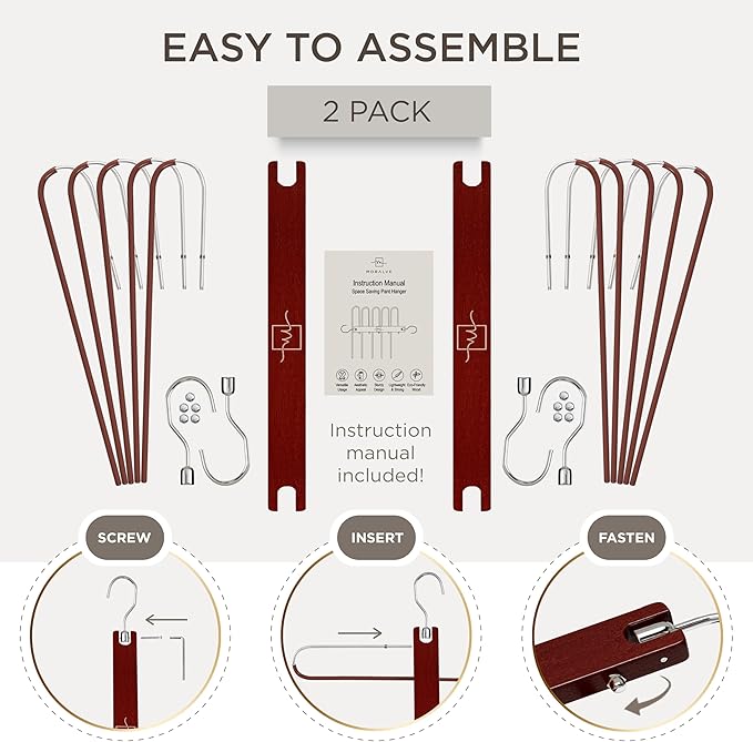 MORALVE Pants Hangers Space Saving - 2 Pack European Beechwood Scarf and Jean Hangers - Closet Organizer and Space Saver Pant Rack, Leggings Hanger, and Scarf Holder with 360° Swivel Hook