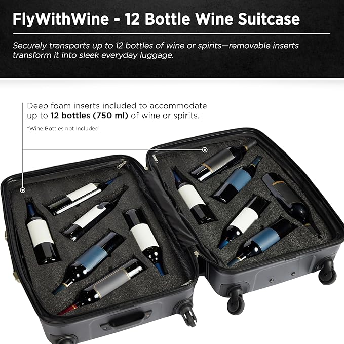 FlyWithWine® by VinGardeValise 12-Bottle Hard Shell Wine Suitcase with Hinomoto 360° Spinner Wheels – TSA Approved Wine Luggage with Removable Foam Insert and 18 Wine Accessories