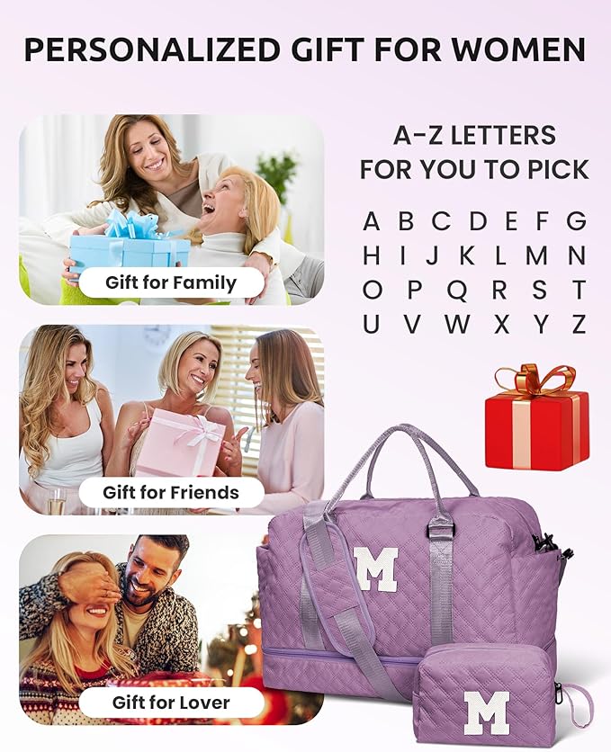 Girl Duffle Bag with Shoe Compartment, Tween Weekend Duffle Bag, Monogram Overnight Bag for Women with Trolley Sleeve & Wet Pocket, Letter Kids Travel Bag with Makeup Bag (Letter K)