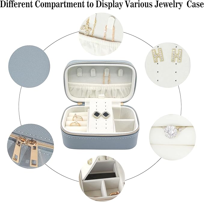 Travel Jewelry Case Bulk Of 2 For Women Weekend,Gold Zip, PU Leather Compact Jewelry Organizer For Earring Bracelets Blue Travel Jewelry Box Set Perfect For Small Bridesmaid Jewelry Box Gift