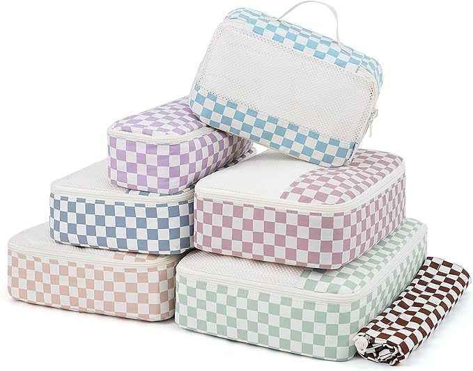 Narwey 7 Set Checkered Packing Cubes for Travel Carry on Suitcase Luggage Organizer Bags for Kids Women Men, Durable Packing Organizers Bag, Travel Essentials Accessories (Combined Checkerboard)