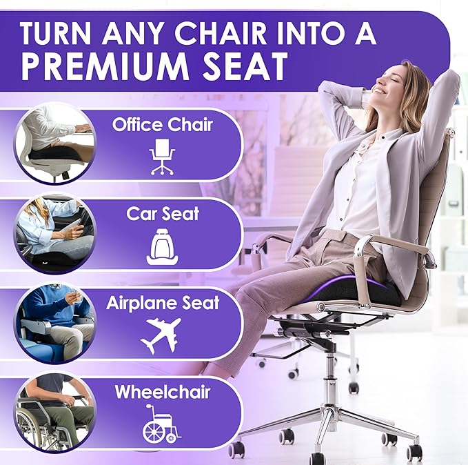 Pressure Relief Seat Cushion for Tailbone Pain – X Large Office Chair Cushion for Butt, Back Pain, Coccyx & Sciatica Pain Relief Pillow. Memory Foam Seat Cushions for Office Chairs (Original Black)