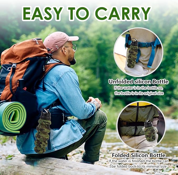 Collapsible Travel Water Bottle, Reuseable Silicone Foldable Water Bottles for Gym Camping Hiking, Portable Leak Proof Sports Water Army camouflage Bottle with rugby grenade Carabiner (Red)