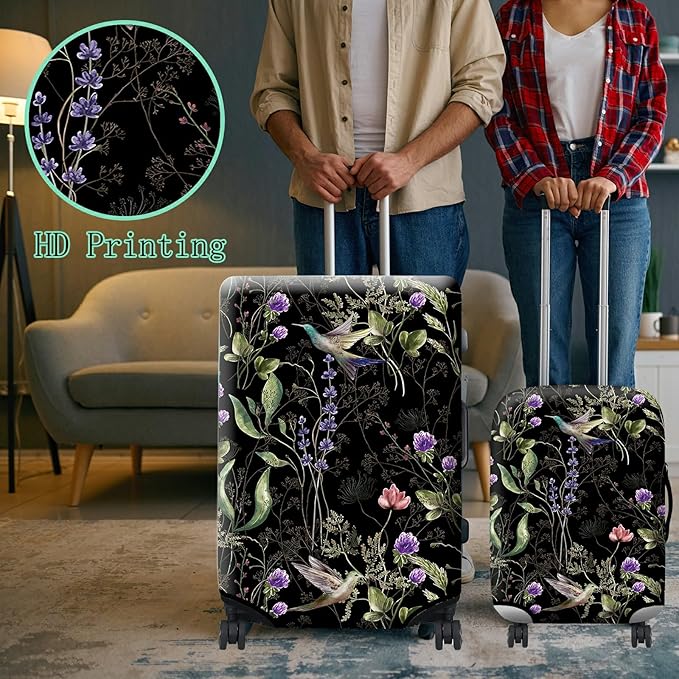 Suitcase Protector Plus 1 Luggage Tag, Wild Flowers Hummingbird Travel Suitcase Cover for 28 inch Luggage with Concealed Zipper Washable Elastic Cloth Dustproof Anti-Scratch