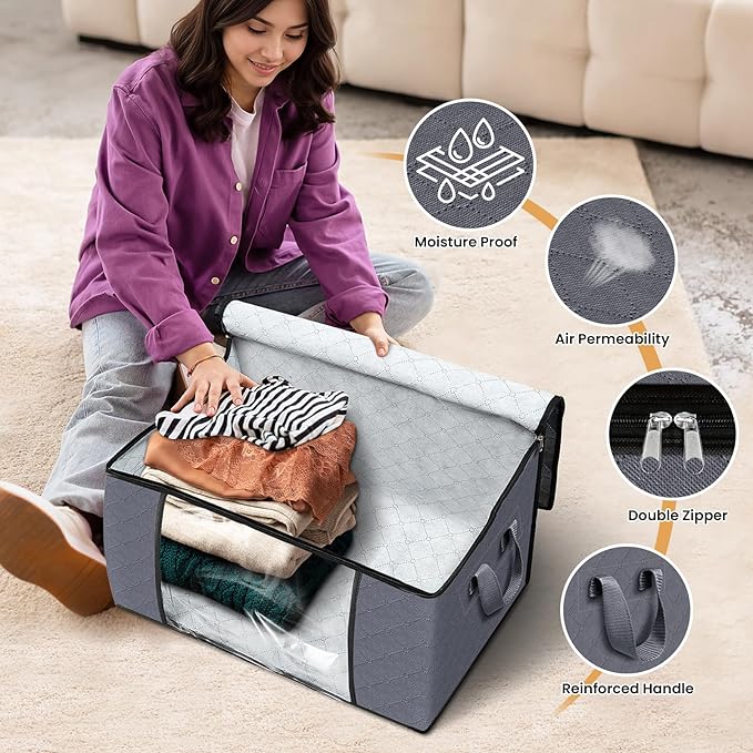 Fab totes 4 Pack Clothes Storage, Foldable Thick Fabric Blanket Storage Bags, Containers for Organizing Bedroom, Closet, Clothing, Comforter,Closet Organization with Handle,Grey