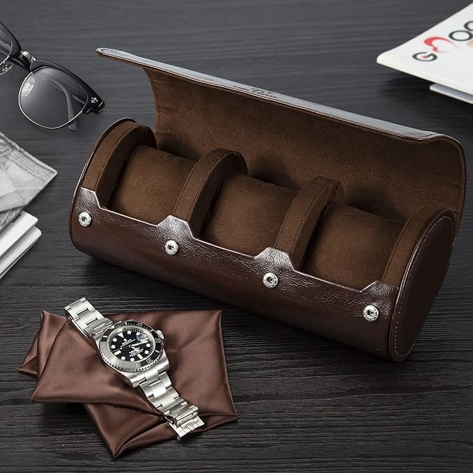Watch Roll Travel Case: 3 Slot Watch Box Organizer for Men - Watch Storage and Display Case - Watch accessory Fits All Wrist Watches & Smart Watches Up to 50mm (Dark Brown)