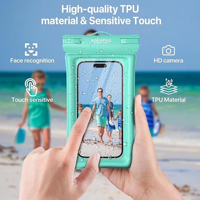 NEPHI IP68 Waterproof Phone Pouch 2 Pack-Up to 8.0"，Adjustable Neck Lanyard Floating Waterproof Phone Case for iPhone,Phone Dry Bags for Vacation Beach Pool Travel Essentials (Aqua Green white 4 pack)