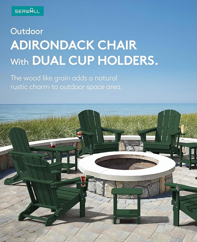 SERWALL Adirondack Chair with Cup Holders - Composite Adirondack Chairs Set of 2 HDPE Outdoor Chairs All Weather Use- Green