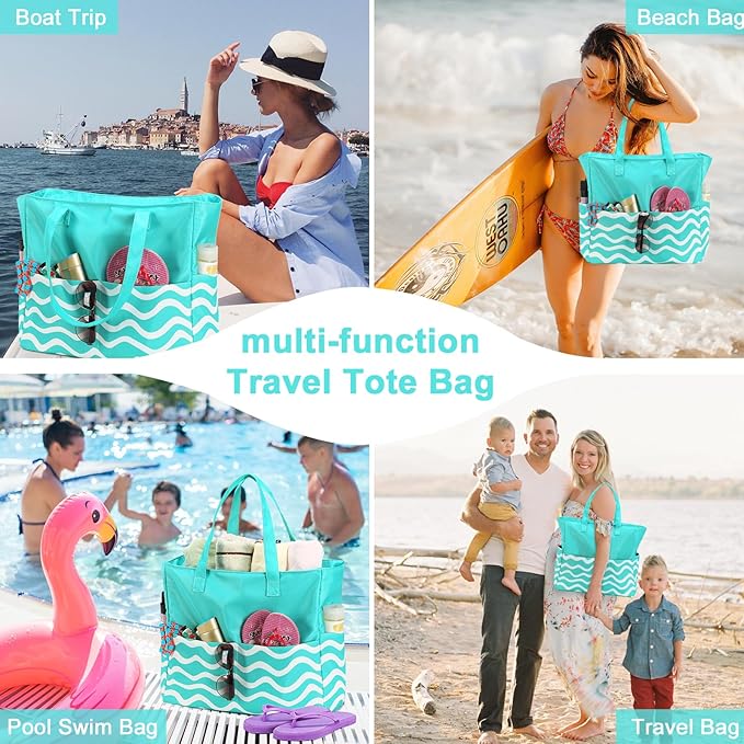 LEDAOU Beach Bag Waterproof Sandproof Women Tote Bag Pool Bag with Zipper for Gym Grocery Travel with Wet Pocket