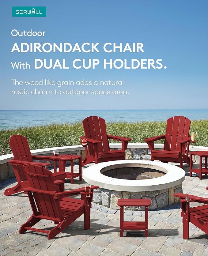 SERWALL Adirondack Chair with Cup Holders - Composite Adirondack Chairs Set of 4 HDPE Outdoor Chairs All Weather Use- Dark Red