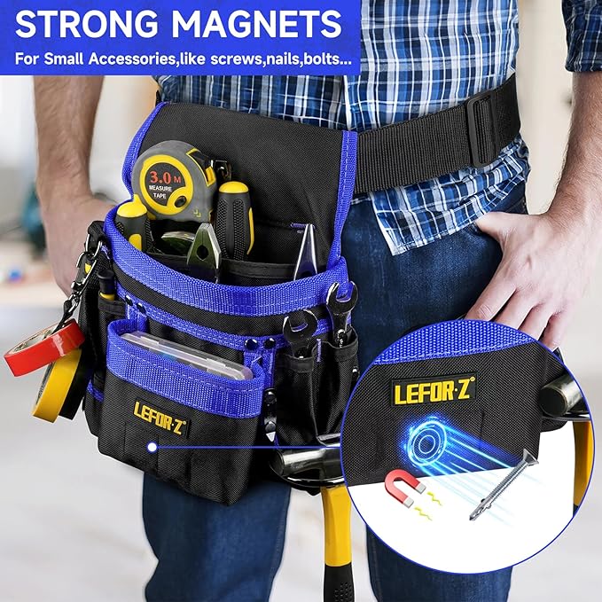 Tool Belt,Magnetic Tool Pouch,14-Pockets Tool Belts for Men,Detachable & Adjustable Tool Pouch belt for Electrician,Carpenter,Construction,Work Apron,Utility Belt,Black-Blue