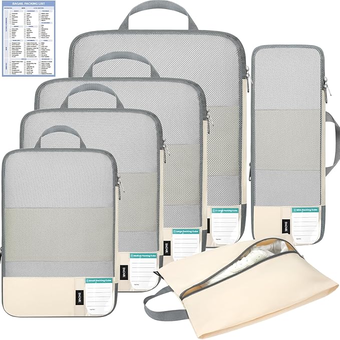 BAGAIL 6 Set/4 Set Lightweight Compression Packing Cubes for Travel, Anti-Tearing Expandable Organizer Bags for Suitcase