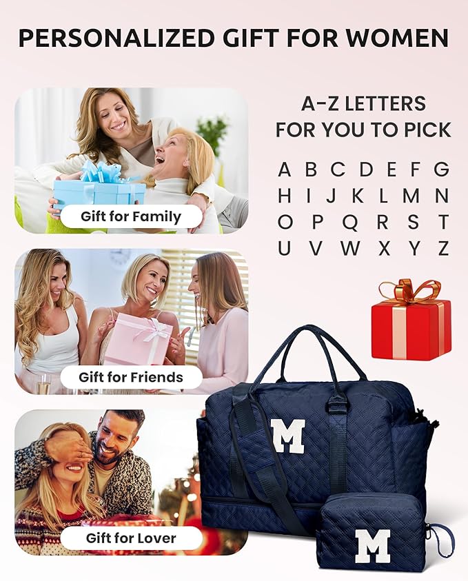 Birthday Gifts for 11 12 13 14 15 16 17 18 Year Old Girls-Initial Duffle Bag with Shoe Compartment, Personalized Weekender Bag, Monogram Overnight Bag, Travel Bag with Makeup Bag (Letter N)