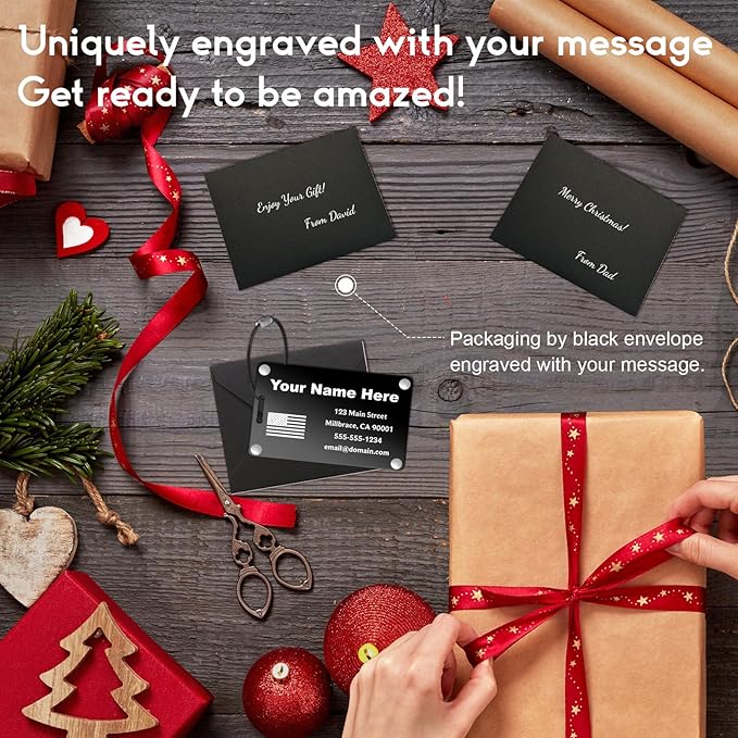 Personalized Luggage Tags: Custom Metal Luggage Tags for Suitcases, Backpacks and Bags with Your Personalized Text (Black)