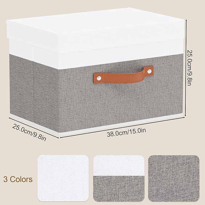 Fabric Storage Bins with Lids, 3 Pack Linen Foldable Cloth Baskets, 15 x 9.8 x 9.8 Inch Closet Organizer Containers with Double Handles, Sweater Boxes for Bedroom, White and Grey