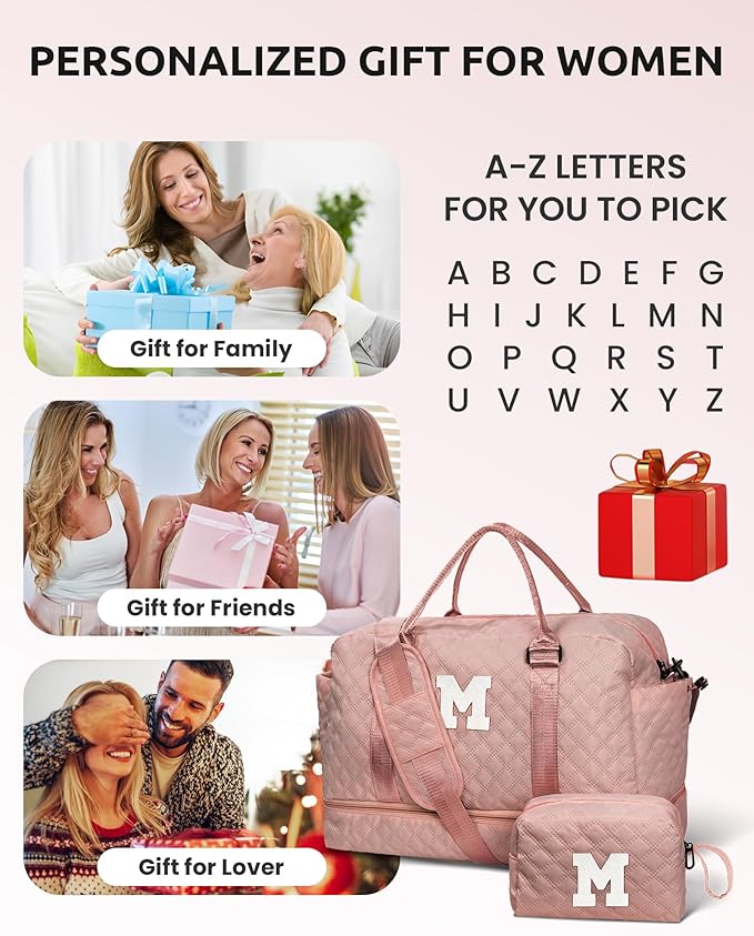 Birthday Gifts for Women-Duffle Bag with Shoe Compartment, Personalized Weekender Bag, Monogram Overnight Bag, Letter Travel Bag with Makeup Bag-Daughter Gift Ideas, for Women 20S (Letter D)
