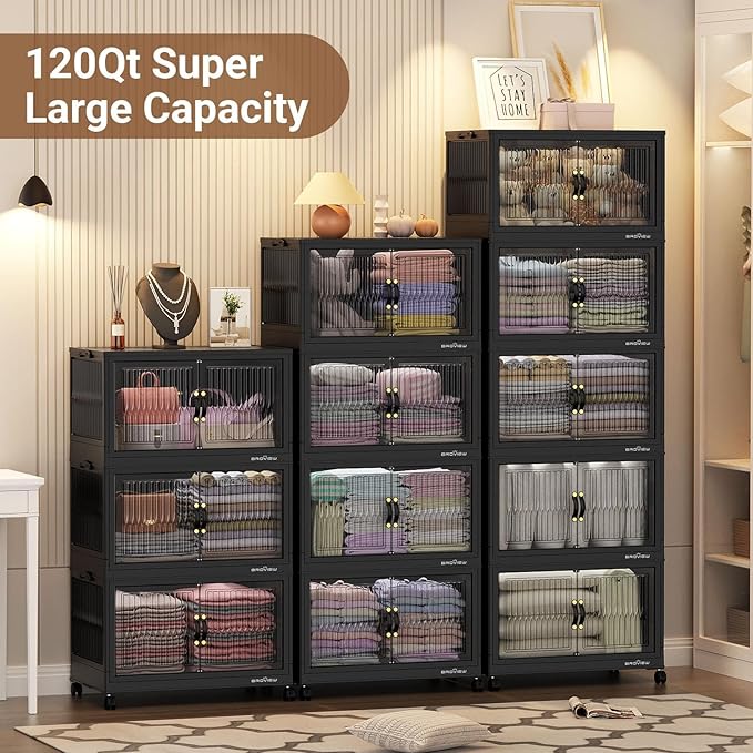 BROVIEW 600Qt Stackable Storage Bins with 5 Lids, Extra Large Closet Organizer Collapsible Drawer Boxes with Wheels, Folding Plastic Cabinet Containers for Home Kitchen Room Organization, 5Pack Black