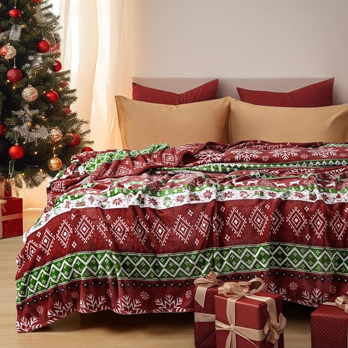 PHF Printed Fleece Blanket Queen Size, No Shed No Pilling Ultra Soft Plush Cozy Xmas Prints Theme Home Décor Flannel Blanket for Bed, Sofa, Couch and Gift, 90" x 90", Retro Christmas