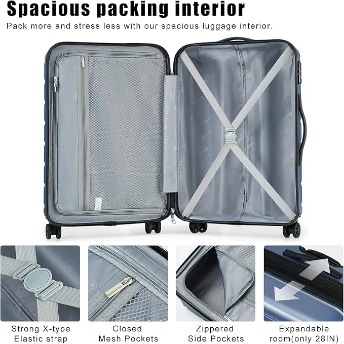 Coolife Luggage Suitcase Carry-on Spinner TSA Lock USB Port Expandable (only 28’’) Lightweight Hardside Luggage (Silver, L(28in))