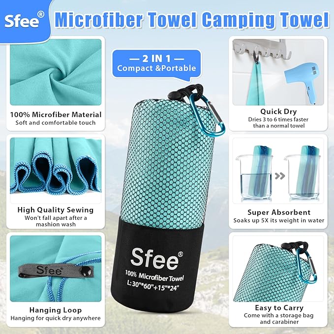 Sfee 2 Pack Microfiber Travel Towel, Quick Dry Towel Camping Towel Beach Towel Super Absorbent Compact Lightweight Sports Gym Towels Set for Beach, Gym, Hiking, Pool, Backpacking, Bath, Yoga
