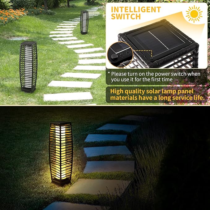 Solar Powered Outdoor Floor, 2 Piece Outdoor Floor Lamps, Solar Lanterns Waterproof Resin Wicker, Weather-Resistant Rattan Deck Light for Patio, Lawn, Porch, Garden