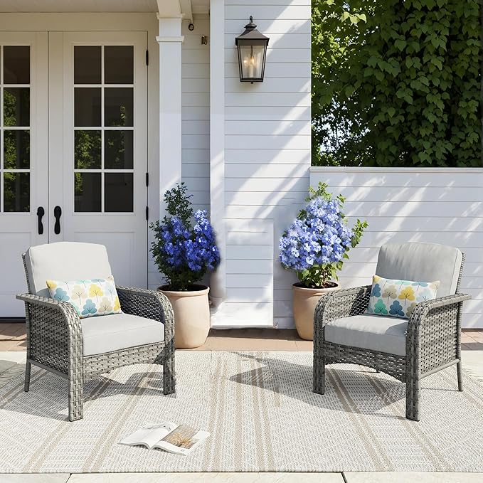 HOOOWOOO Patio Furniture Set,2 Pieces Outdoor Wicker Chairs Set,All Weather Bistro Chairs with Comfy High Back,Light Gray