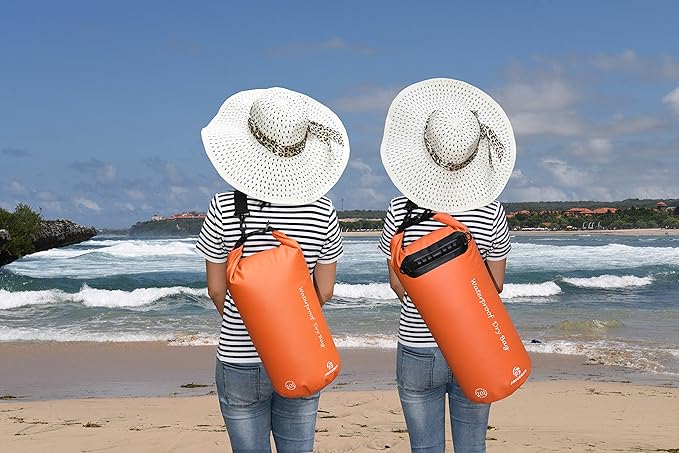 Freegrace Waterproof Dry Bags Set Of 3 - Dry Bag With 2 Zip Lock Seals, Waist Pouch & Phone Case - Can Be Submerged Into Water For Swimming, Kayak, Rafting & Boating (Without Window, Orange, 20L)