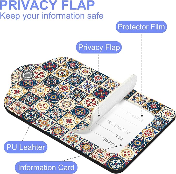2 Pack Luggage Tags Colorful Moroccan Portuguese Tiles PU Leather Baggage Tag with Privacy Cover Stainless Steel Loop and Name ID Card for Men Women Travel Bag Luggage Accessories