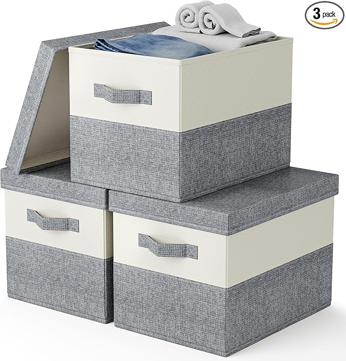 Fabric Large Storage Bins with Lids 3 Pack Collapsible, Linen Closet Organizers and Storage, Baskets for Organizing, Purse Organizer for Closet, Shelf Baskets, 15x10.6x10